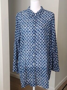 J. Jill Pure Jill Cotton Tunic Blouse Top XL Blue Scallop Print Resort Coastal